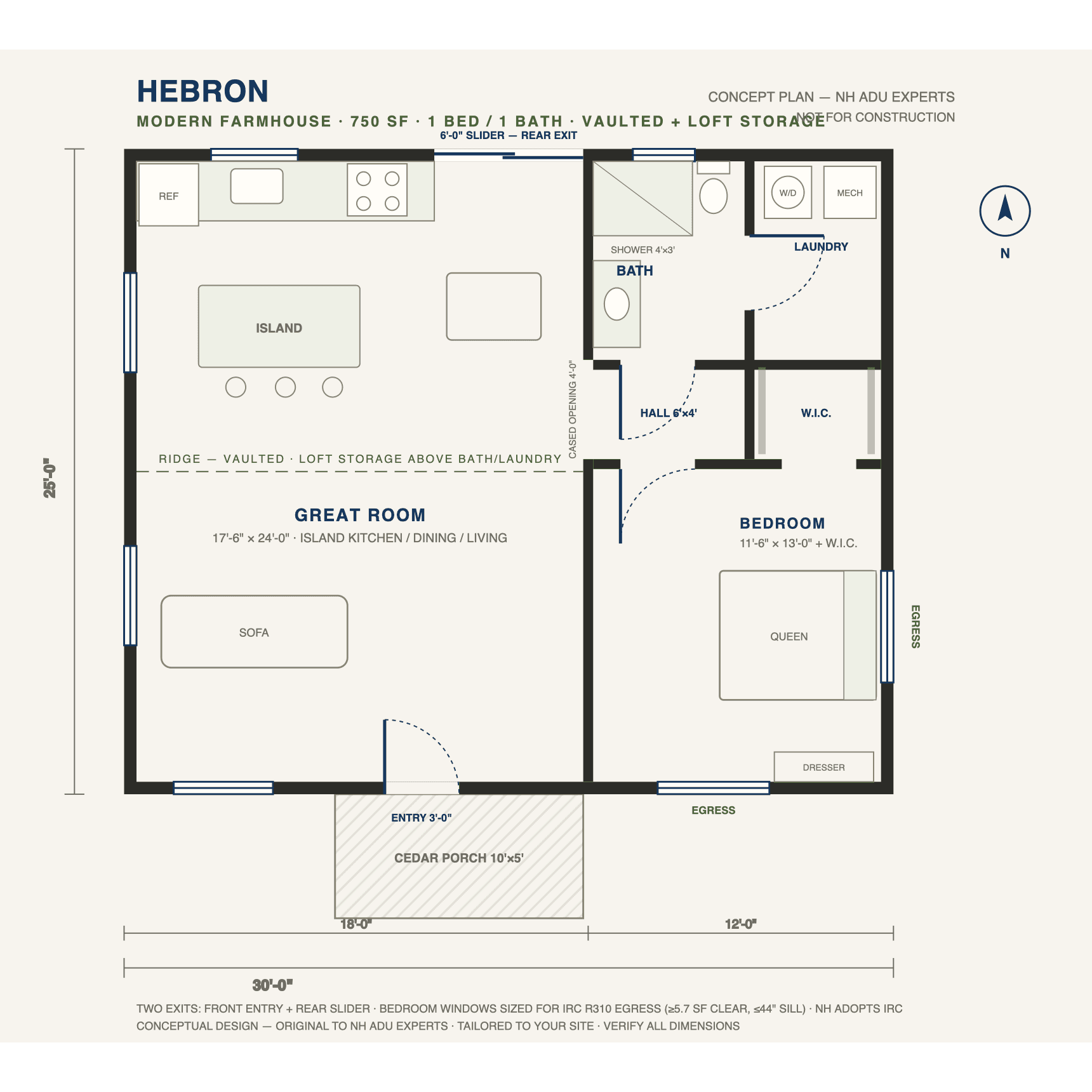 Hebron concept floor plan — 750 sf