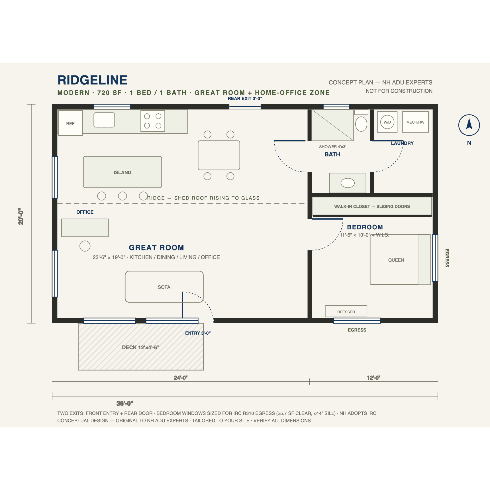 Ridgeline concept floor plan — 720 sf